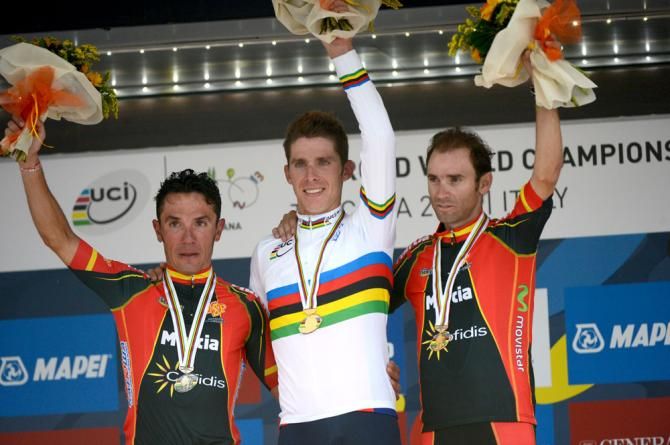 2013 elite men's road race world championship podium (L-R): Joaquim Rodriguez, Rui Costa and Alejandro Valverde