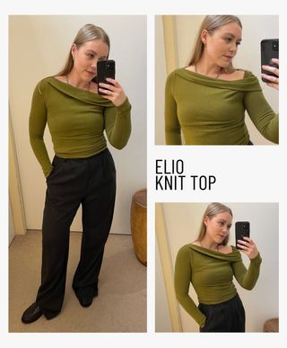 Woman wears green off shoulder top and black trousers