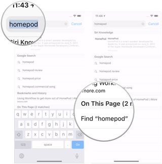 Using search in Safari on iPhone: Type word, tap the word