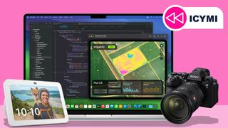 Apple MacBook Pro 14 M3, Amazon Echo Show 8 and Sony A9 III on a pink background