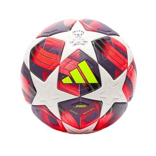 A red football with white stars has a florescent Adidas logo in the centre.