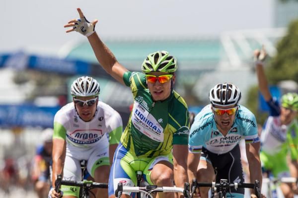Peter Sagan (Liquigas) celebrates the stage win.