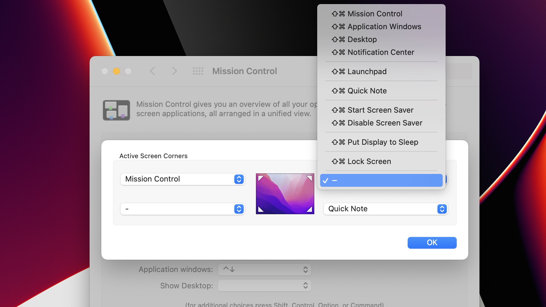 Hot Corners settings on a MacBook Pro