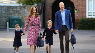 Princess Charlotte arrives for her first day of school, with her brother Prince George and her parents the Duke and Duchess of Cambridge, at Thomas's Battersea in London on September 5, 2019 in London, England