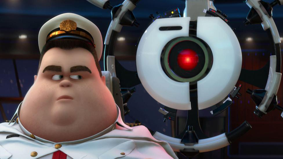 A still from the movie Wall-e showing a human being watched by an AI machine