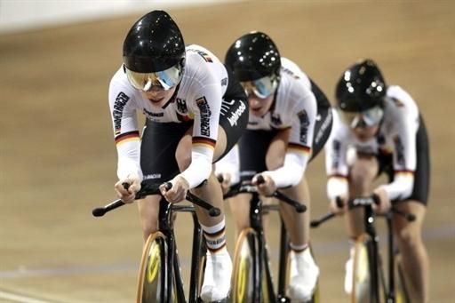Germany with Charlotte Becker, Lisa Brennauer and Madeleine Sandig compete during the team pursuit