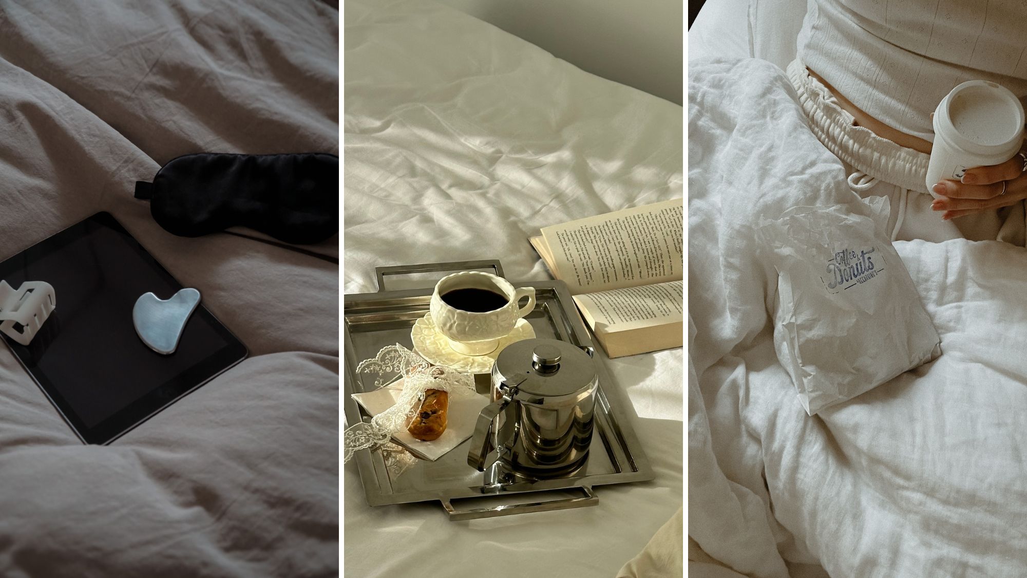 A gua sha, a breakfast tray, and a woman in her pajamas in bed