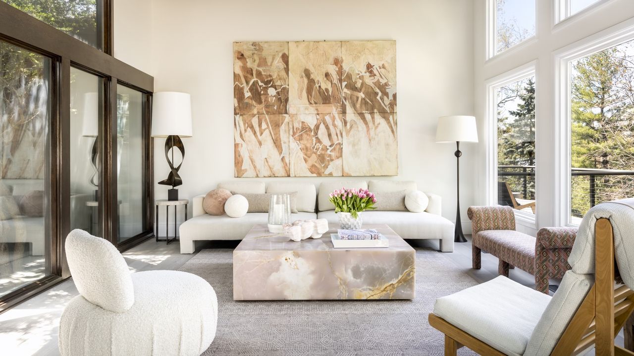 mid-century modern living room with marble coffee table