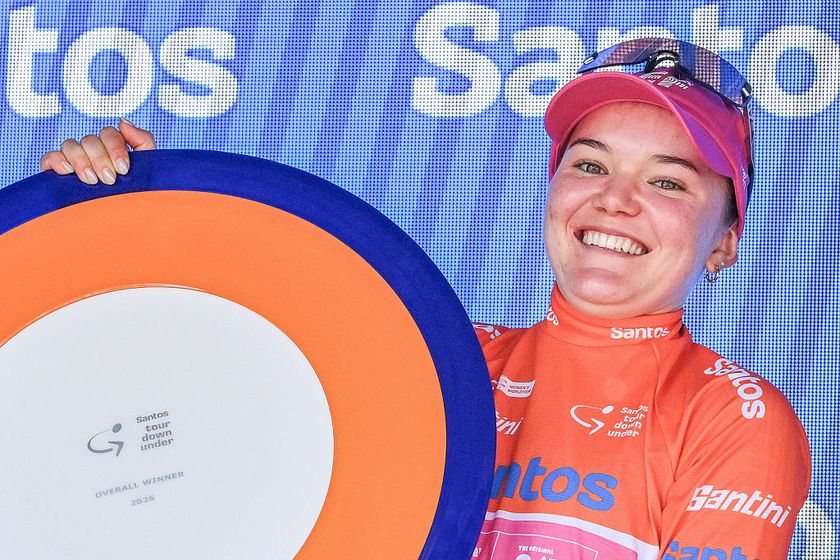 EF Education - Oatly rider Noemi Ruegg of Switzerland celebrates on the podium as the Overall Winner of the women's 2026 Tour Down Under cycling race in Adelaide on January 19, 2026. (Photo by Brenton Edwards / AFP) / -- IMAGE RESTRICTED TO EDITORIAL USE - STRICTLY NO COMMERCIAL USE --