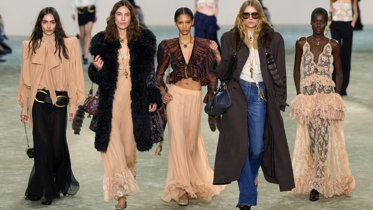 A collage of models from Chloé&#039;s fall/winter 2025 show.