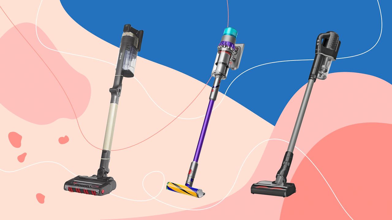 Pink and blue hero image with three cordless vacuum cleaners over the top. The Shark Stratos is on the left, the Dyson Gen5detect in the middle, and the Miele Duoflex HX1 on the right