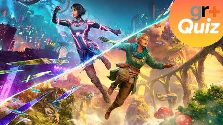 The Split Fiction key art featuring the duo of heroes on fantasy and sci-fi backgrounds with the GR+ Quiz logo in the top right corner