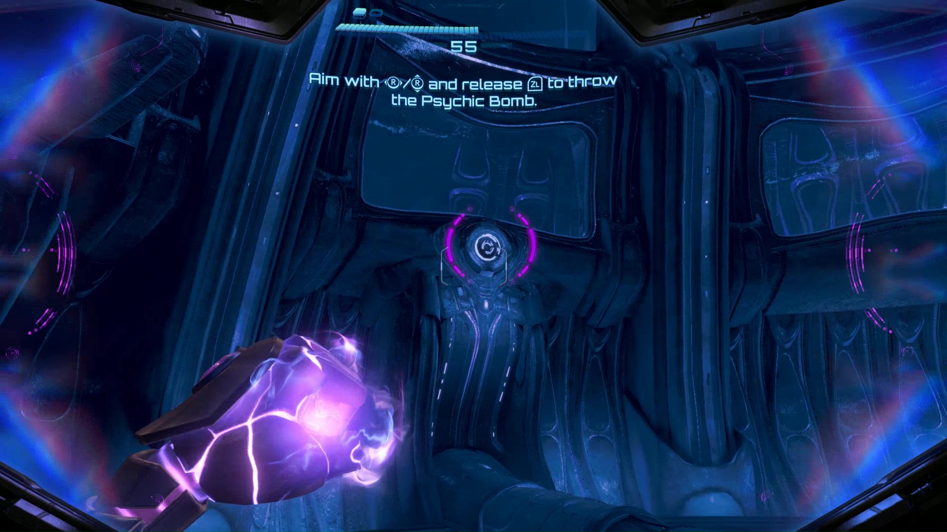 Samus prepares to trigger the Assembly Floor with a Psychic Bomb in the Metroid Prime 4 Volt Forge