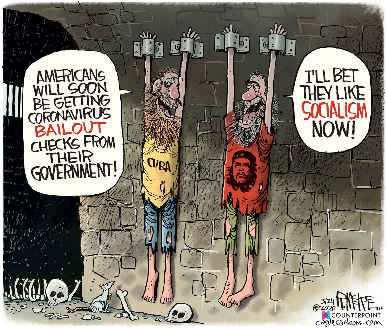 Political Cartoon U.S. Americans receive check coronavirus bailout socialism Cuba Che