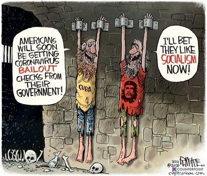 Political Cartoon U.S. Americans receive check coronavirus bailout socialism Cuba Che