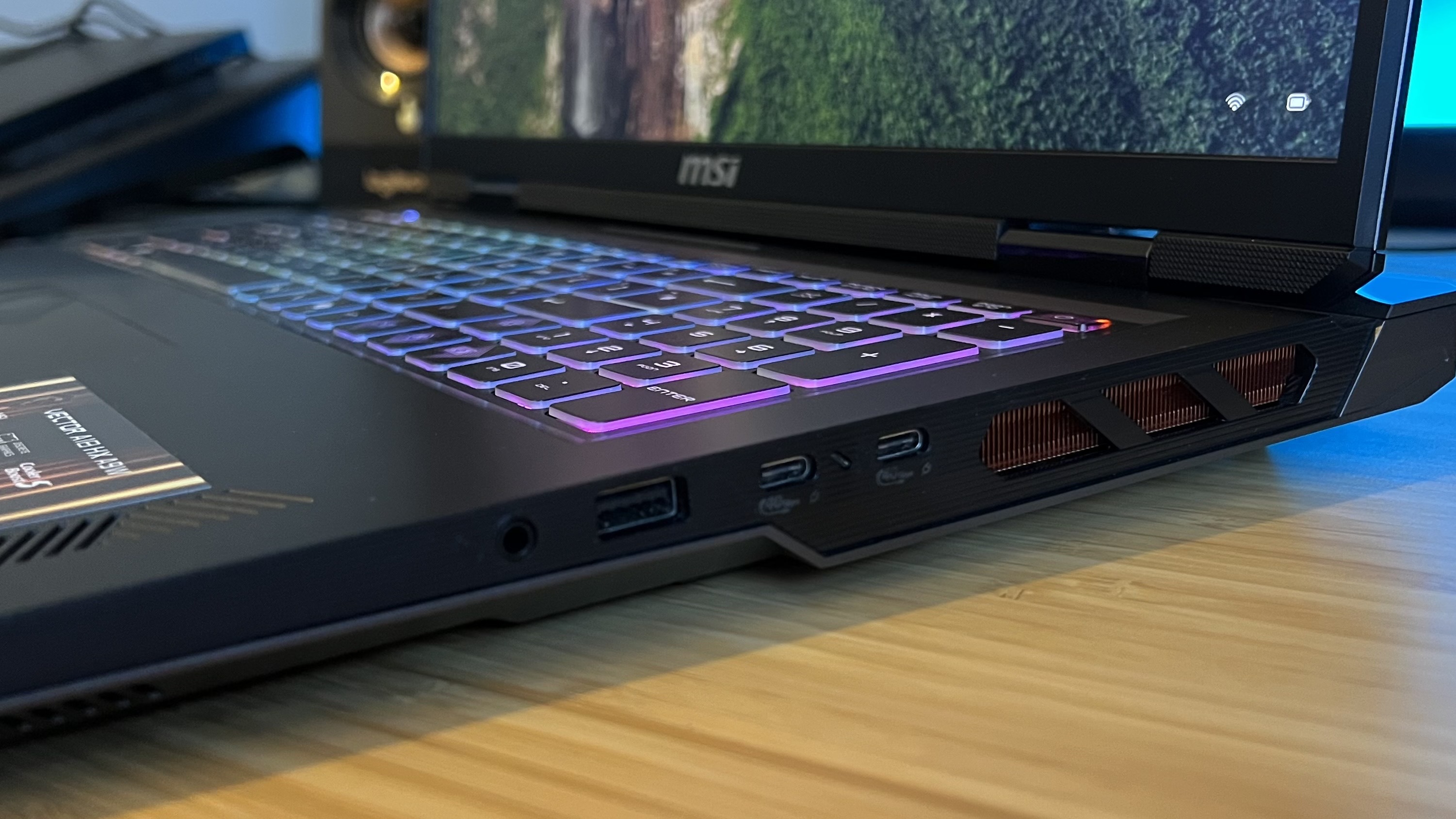 Close up on ports and ventilation on right side of MSI Vector A18 HX A9W gaming laptop