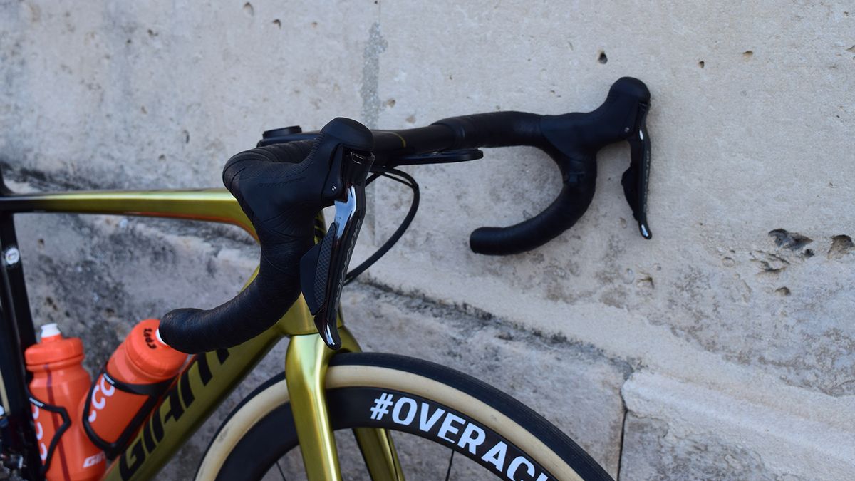 Van Avermaet had satellite Di2 shifters on the handlebar drops for ease of shifting while riding the cobbles on the drops