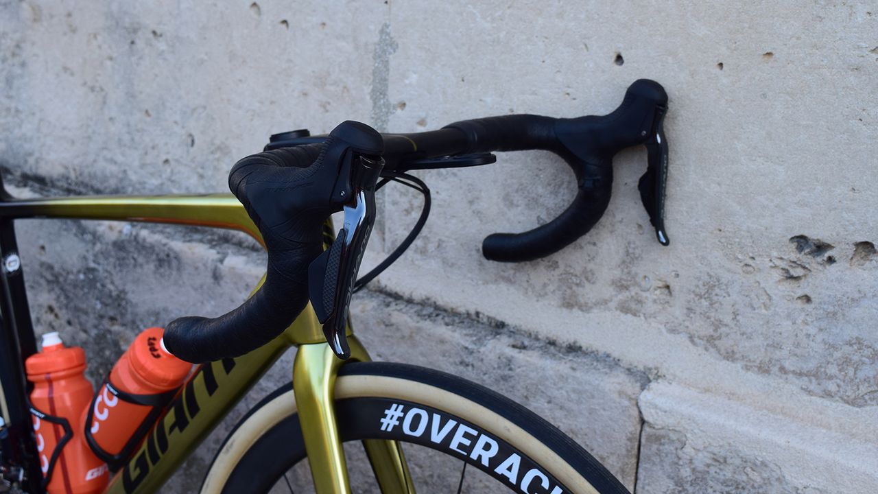 Van Avermaet had satellite Di2 shifters on the handlebar drops for ease of shifting while riding the cobbles on the drops