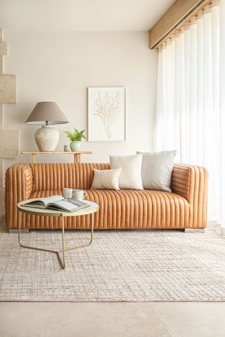 ribbed leather sofa in caramel color