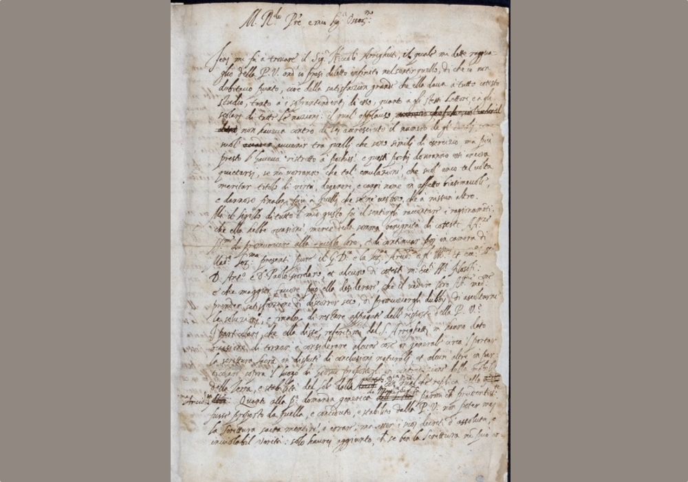 The long-lost letter from Galileo Galilei, dated Dec. 21, 1613, addressed to Padre Benedetto Castelli. The letter was found in the Royal Society archives.