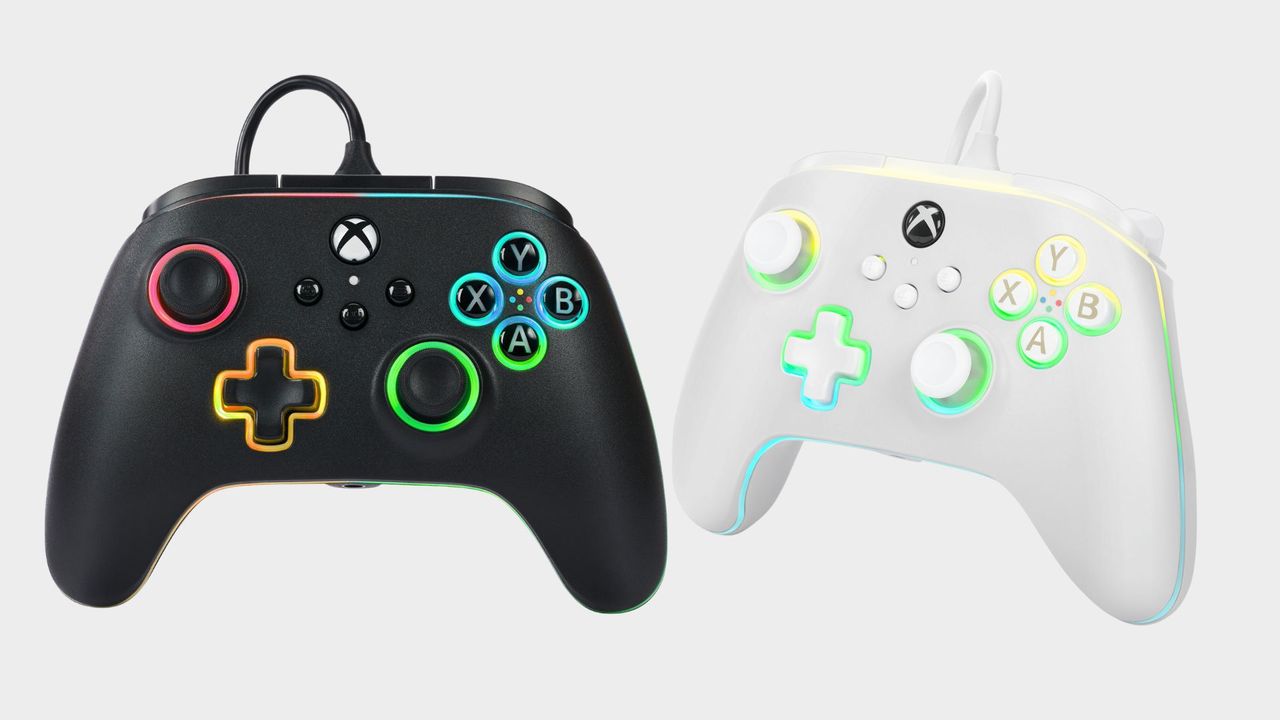 PowerA Advantage Controller in both black and white with their RGB lighting on, on top of a grey background