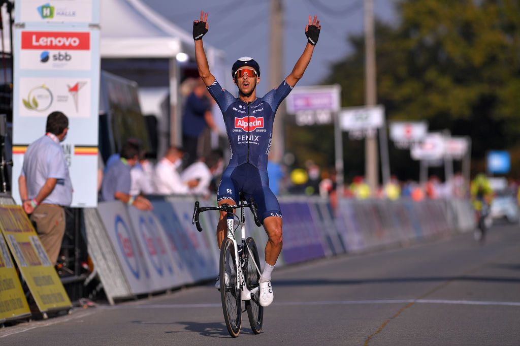 ANZEGEM BELGIUM SEPTEMBER 22 Arrival Dries De Bondt of Belgium and Team Alpecin Fenix Celebration during the 121st Belgian Road Championship 2020 Road Race Elite Men a 2358km race from Halle to Anzegem bkanzegem Anzegem2020 on September 22 2020 in Anzegem Belgium Photo by Luc ClaessenGetty Images