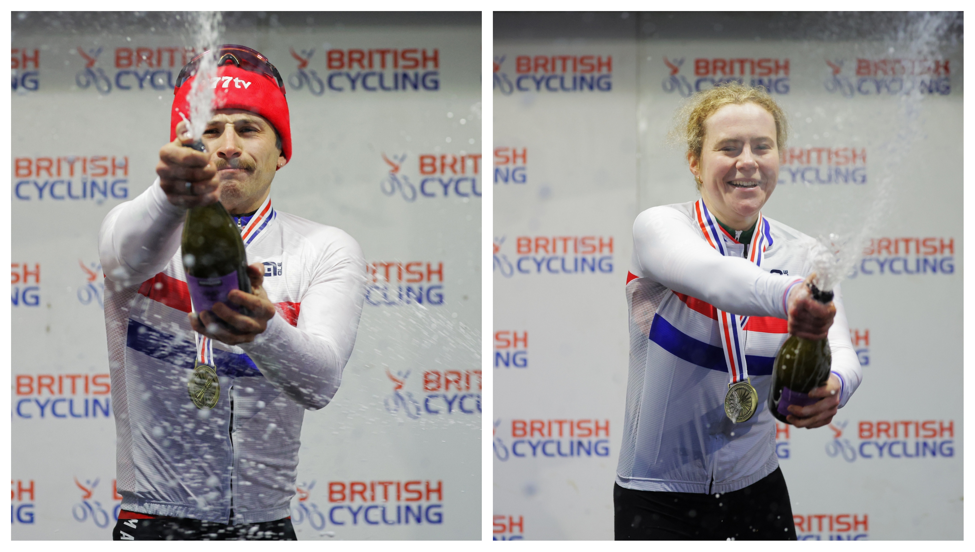 Cameron Mason and Anna Flynn celebrate winning the men's and women's elite national cyclo-cross championships 2026