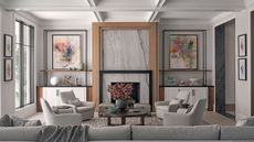 living room with gray furniture and marble fireplace armchairs and bright artworks