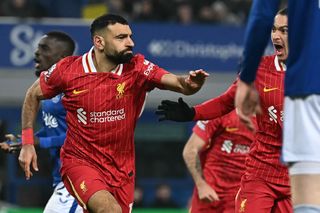 Mohamed Salah celebrates after scoring for Liverpool against Everton in the last derby at Goodison Park in February 2025.