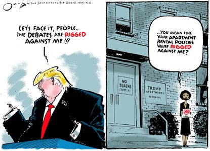 Political cartoon U.S. 2016 election Donald Trump apartment rentals rigged