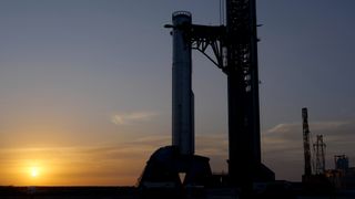 The Starship V3 Super Heavy vehicle known as Booster 19 stands on Pad 2 at SpaceX's Starbase site.