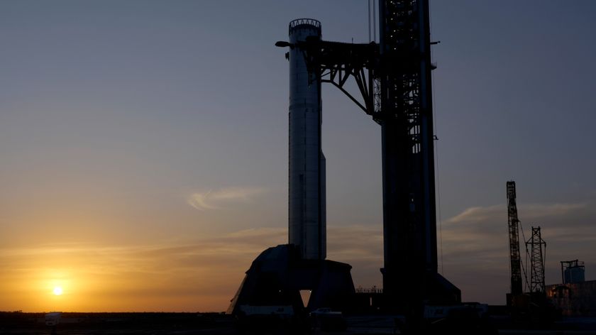 The Starship V3 Super Heavy vehicle known as Booster 19 stands on Pad 2 at SpaceX's Starbase site.