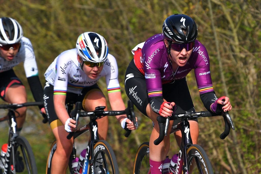 OUDENAARDE BELGIUM APRIL 04 Jolien Dhoore of Belgium and Team SD Worx Anna Van Der Breggen of Netherlands and Team SD Worx during the 18th Ronde van Vlaanderen Tour of Flanders 2021 Womens Elite a 1524km race frim Oudenaarde to Oudenaarde RVV21 rondevanvlaanderen tourofflanders UCIWWT on April 04 2021 in Oudenaarde Belgium Photo by Luc ClaessenGetty Images