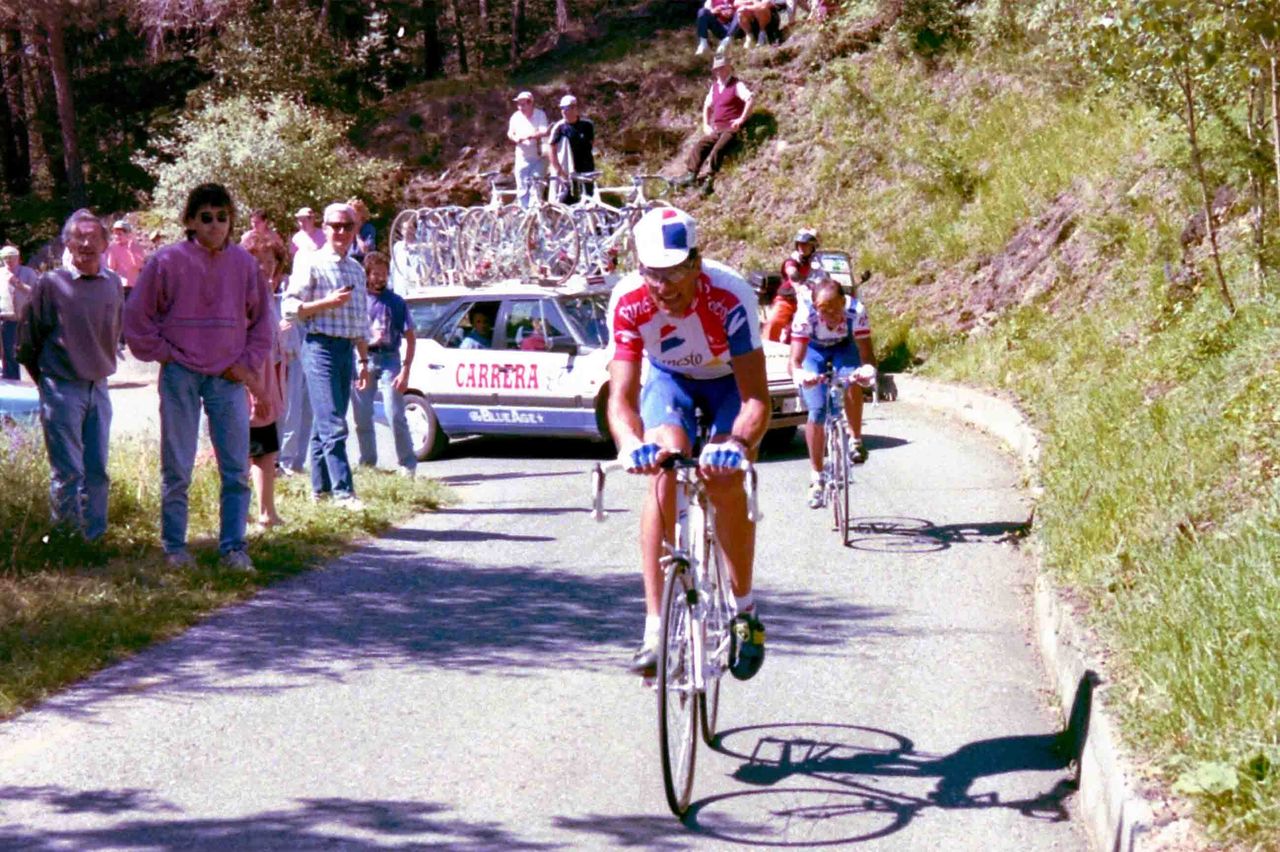 Indurain tries to pace himself up the Mortirolo but Pantani is flying