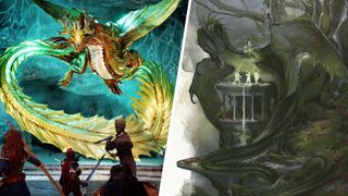 A gold dragon faces down a band of adventurers, alongside an image of a green dragon looking down at small figures at its feet