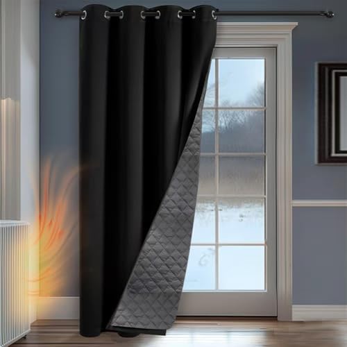 Panovous Insulated Door Curtain, 2-Layer Cotton Thick Blackout Curtain With Windproof Eyelet Design, Thermal Door Curtains for Winter, Front Door, 132x244cm, Black, 1 Panel