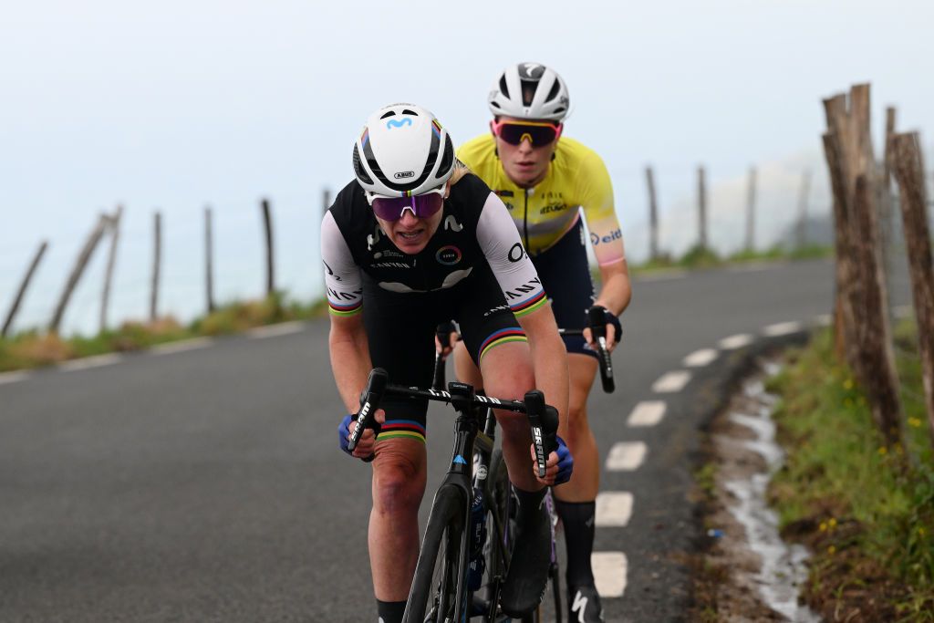 SAN SEBASTIAN SPAIN MAY 14 LR Annemiek Van Vleuten of The Netherlands and Movistar Team and Demi Vollering of The Netherlands and Team SD Worx Yellow leader jersey compete in the breakaway during the 2nd Itzulia Women 2023 Stage 3 a 1148km stage from Donostia San Sebastian to Donostia San Sebastian UCIWWT on May 14 2023 in Donostia San Sebastian Spain Photo by Dario BelingheriGetty Images