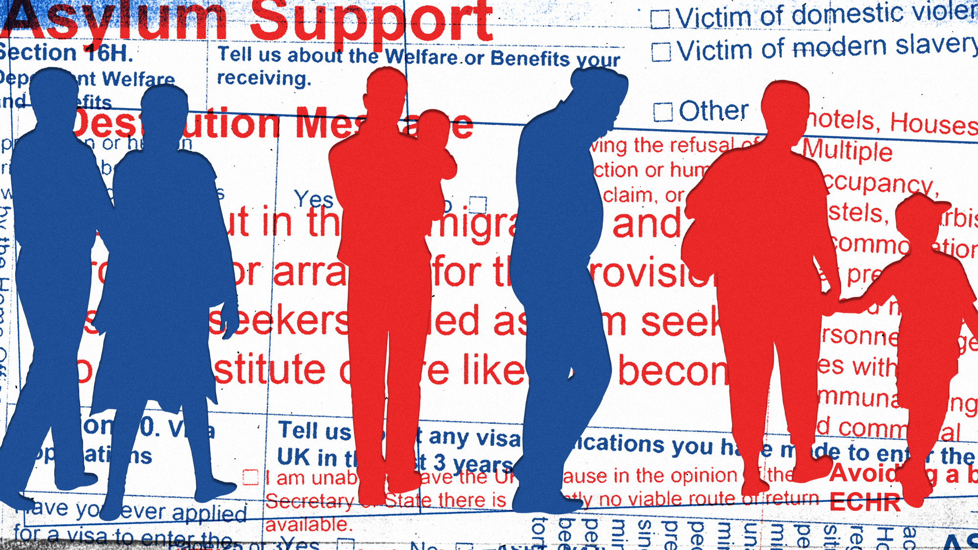 Illustration of immigration form text with the silhouettes of immigrants