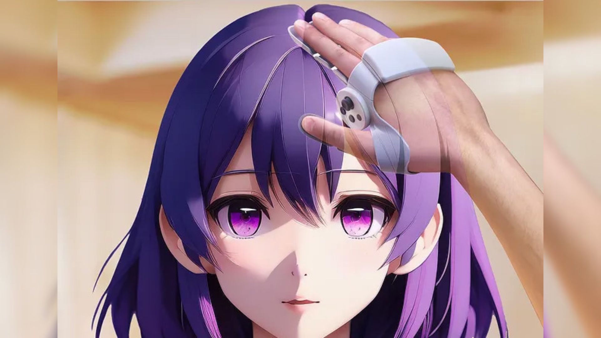 A reveal image of Sharp's VR controller-glove being used to touch an anime character