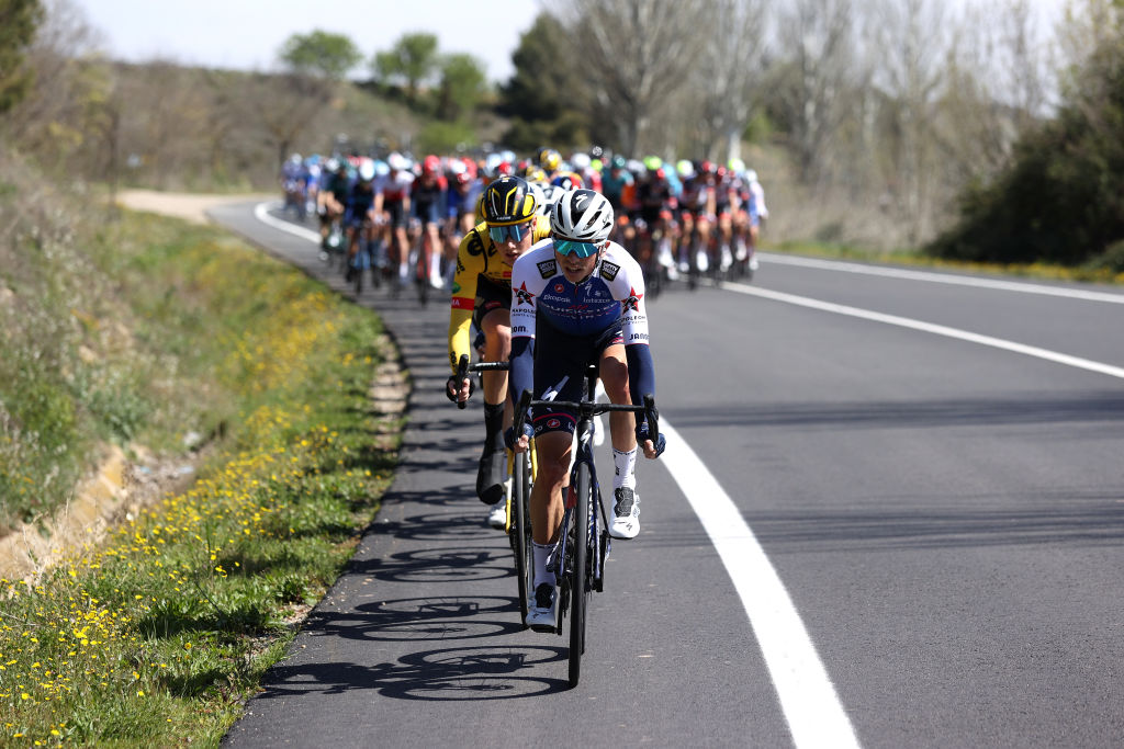VIANA SPAIN APRIL 05 James Knox of United Kingdom and Team QuickStep Alpha Vinyl leads the peloton during the 61st Itzulia Basque Country 2022 Stage 2 a 2076km stage from Leitza to Viana 461m itzulia WorldTour on April 05 2022 in Viana Spain Photo by Gonzalo Arroyo MorenoGetty Images