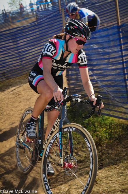 Gabby Durrin (Rapha Focus) leading mid-race as they approach the largest set of stairs