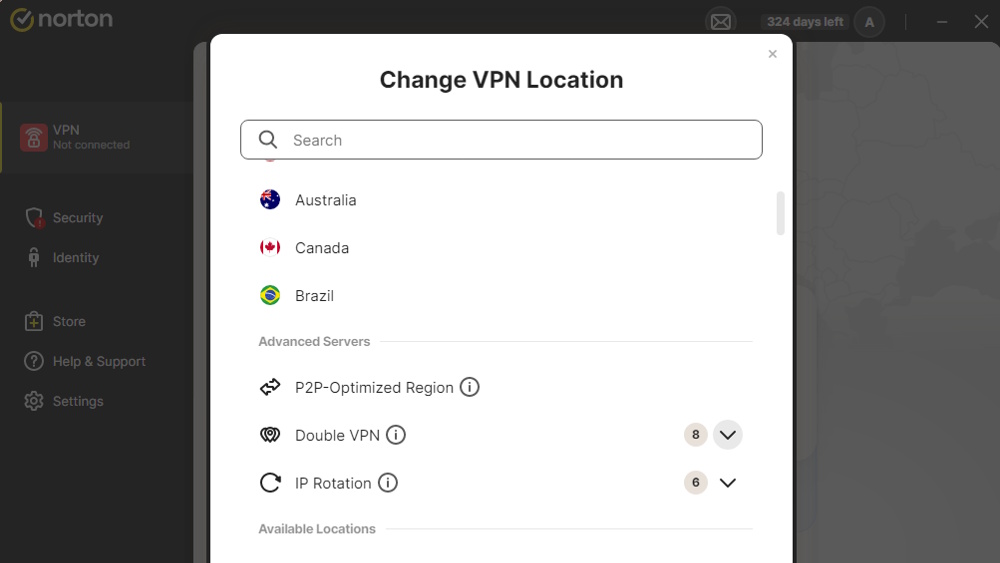 A view of the Norton VPN dashboard for PC showing various VPN server options.