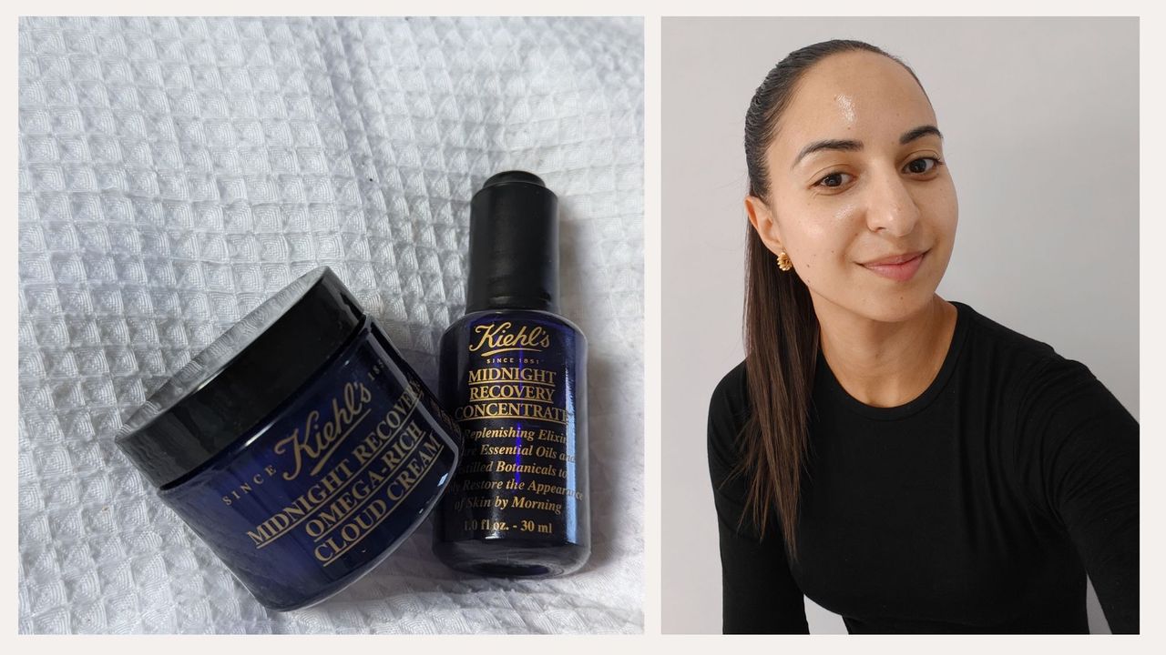 Kiehl&#039;s Midnight Recovery Cream and Concentrate on bedsheets and an image of Jazz 