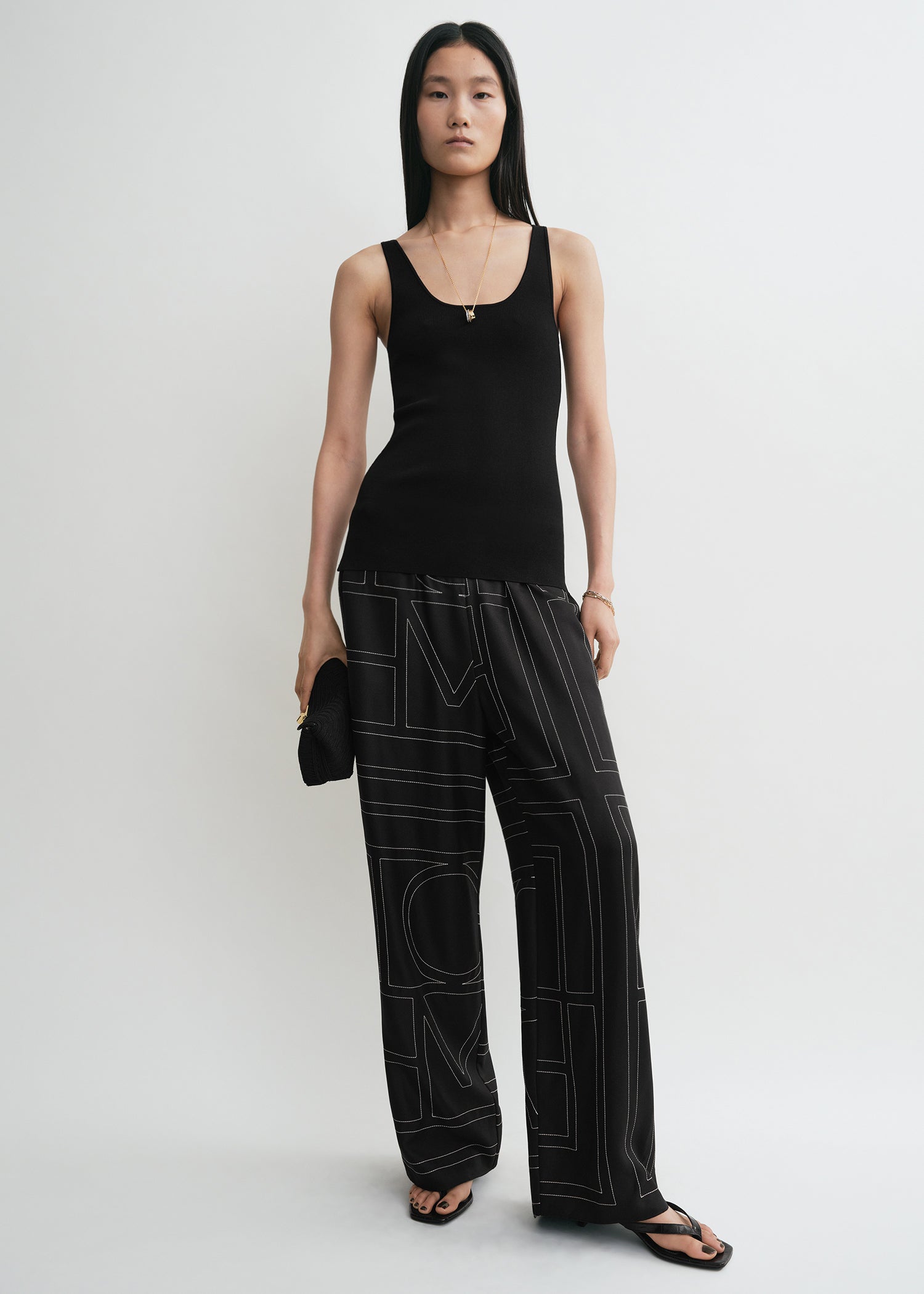 Monogram Silk Pj Bottoms Black