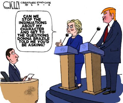 Political cartoon U.S. 2016 election Hillary Clinton Donald Trump Donna Brazile final debate