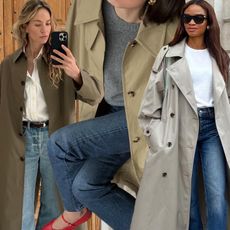 a collage of three female fashion influencers wearing an effortless outfit formula with trench coats, basic tops, and jeans