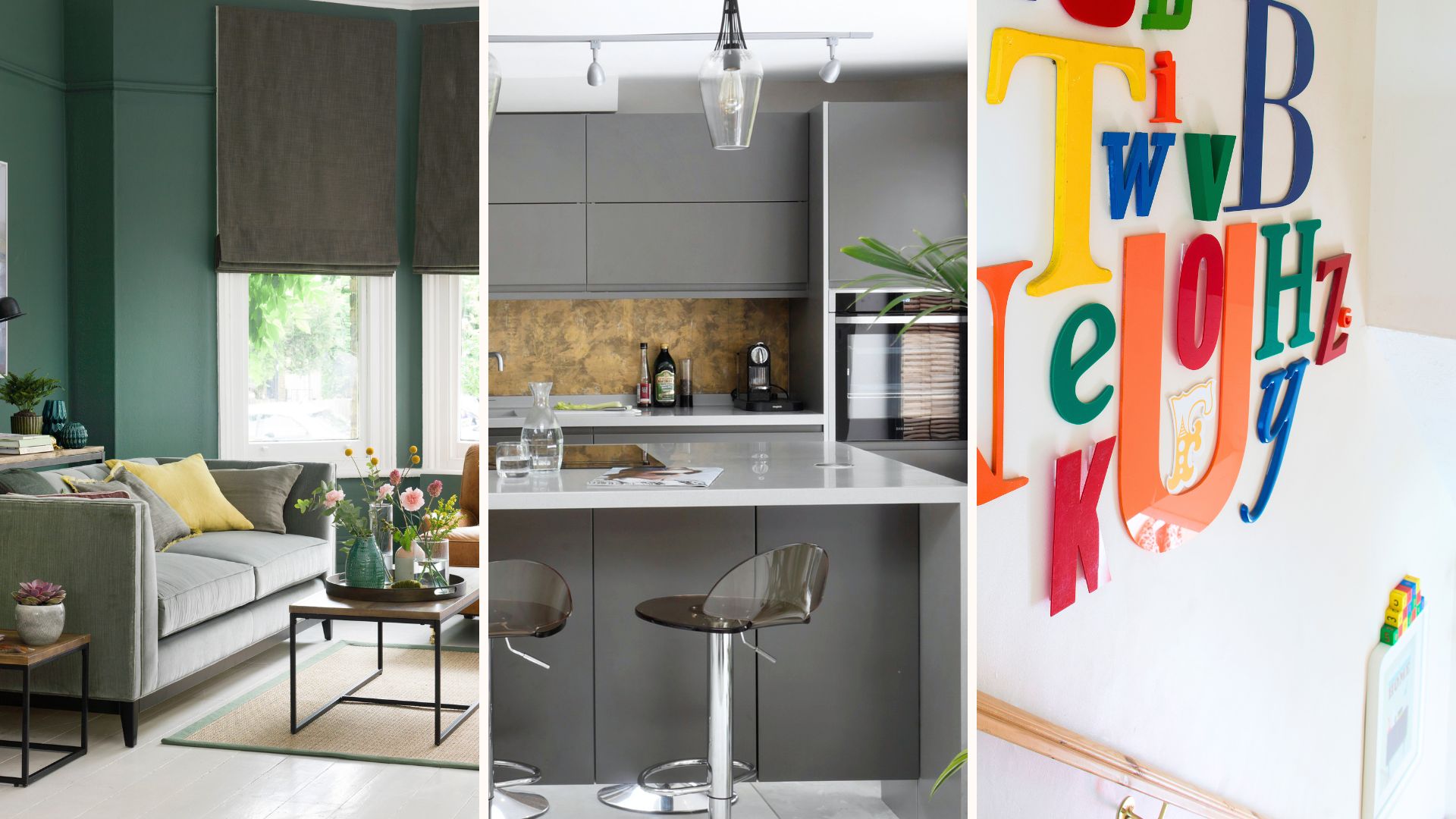 A compilation of images of a dark green living room, charcoal grey kitchen and colourful letter wall decor on a staircase to emulate cat Deeley's house tour
