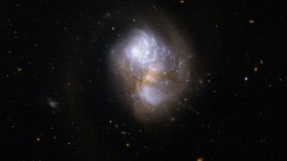 The merging pair of galaxies known as IC 1623 imaged by the Hubble Space Telescope.