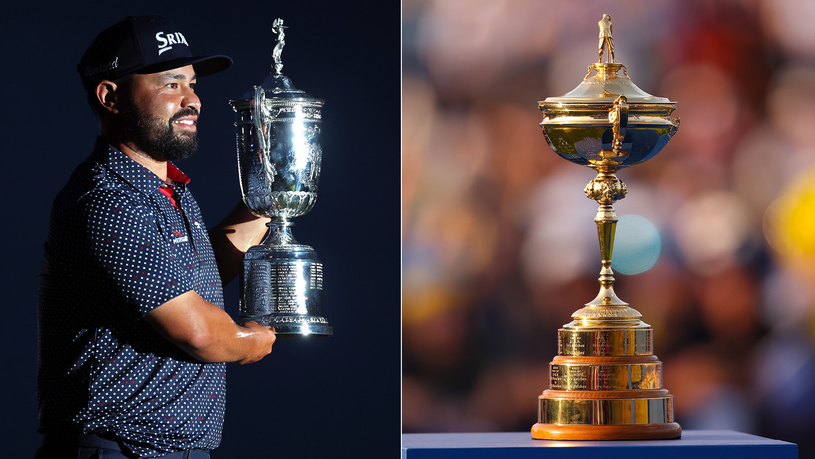 JJ Spaun holds the US Open trophy. The Ryder Cup sits on a table