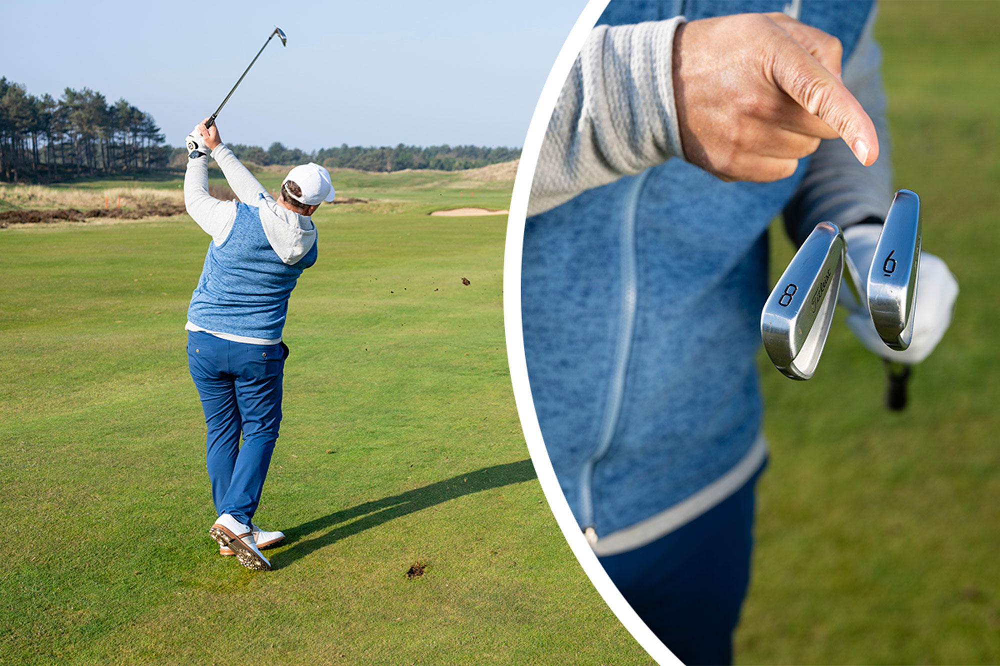 Peter Finch hitting an iron shot towards the green from 150 yards, with his divot flying ahead of him to indicate good contact, with an inset image of Peter Finch pointing to a 6-iron over an 8-iron, signifying the importance of club selection from this distance for amateur golfers
